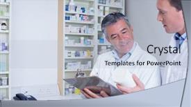  Presentation with prescription medication - PPT layouts with pharmacists holding medication and writing a prescription in the pharmacy background and a light blue colored foreground