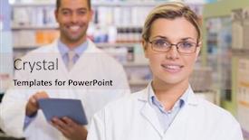  Presentation with hospital pharmacy - Colorful PPT theme enhanced with pharmacists looking at camera at hospital pharmacy backdrop and a coral colored foreground