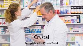  Presentation with hospital pharmacy - Slide deck with pharmacists searching medicines with prescription at hospital pharmacy background and a light gray colored foreground