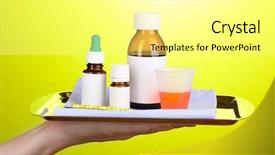  Presentation with medicines - PPT layouts having pharmacology design - hand holding tray with medicines background and a  colored foreground