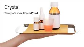  Presentation with medicines - Slide set consisting of pharmacology design - hand holding tray with medicines background and a white colored foreground
