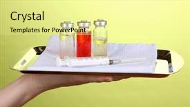  Presentation with medicines - Presentation design featuring pharmacology design - hand holding tray with syringe background and a blonde colored foreground