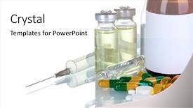  Presentation with medical pills - Audience pleasing PPT theme consisting of pharmacology design - medical bottles ampoule syringe backdrop and a white colored foreground