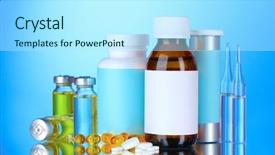  Presentation with medical pills - Audience pleasing PPT theme consisting of pharmacology design - medical bottles ampoules and pills backdrop and a arctic colored foreground