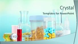  Presentation with pharmacology - Presentation theme featuring pharmacology design - medical bottles and pills background and a cool aqua colored foreground