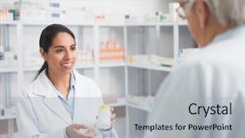  Presentation with drug pharmacy - Colorful presentation theme enhanced with pharmacy - female pharmacist holding a drug backdrop and a light gray colored foreground