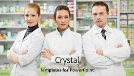  Presentation with drug pharmacy - Amazing slide deck having pharmacy - pharmaceutist woman and man workers backdrop and a light gray colored foreground