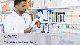  Presentation with shampoo - Beautiful slide set featuring pharmacy - pharmacist looking at shampoo backdrop and a lemonade colored foreground