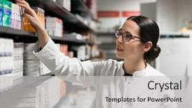  Presentation with pharmaceutical - Audience pleasing slides consisting of pharmacy - portrait of a dedicated female backdrop and a light gray colored foreground