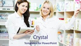  Presentation with chemist - Amazing slide set having pharmacy chemist women in drugstore backdrop and a  colored foreground