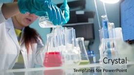  Presentation with reactions - Amazing slide set having pharmacy college - young woman carries chemical reactions backdrop and a light blue colored foreground