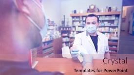  Presentation with medical pharmacy - PPT theme featuring pharmacy-during-covid-19-shopper background and a coral colored foreground
