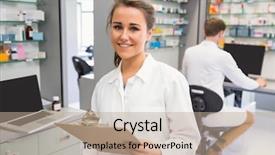  Presentation with hospital pharmacy - Theme having pharmacy intern smiling at camera background and a coral colored foreground