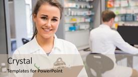  Presentation with hospital pharmacy - PPT layouts enhanced with pharmacy intern smiling at camera background and a soft green colored foreground