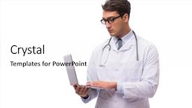  Presentation with laptop - Presentation consisting of pharmacy practice - doctor with laptop isolated background and a white colored foreground