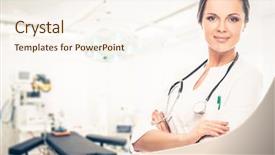  Presentation with surgery room - Cool new presentation design with pharmacy practice - positive brunette doctor woman backdrop and a cream colored foreground