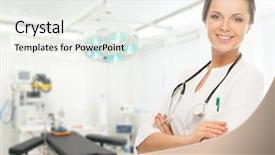  Presentation with surgery room - Presentation featuring pharmacy practice - young positive brunette doctor woman background and a white colored foreground
