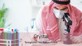  Presentation with chemist - Slide deck consisting of pharmacy report - arab doctor chemist studying new background and a coral colored foreground