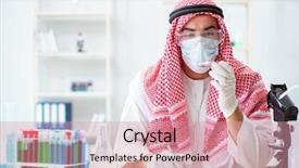  Presentation with chemist - Amazing presentation design having pharmacy report - arab doctor chemist studying new backdrop and a coral colored foreground