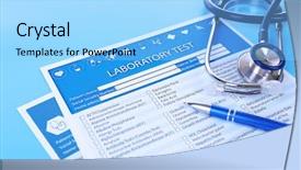 Presentation with test - Slide deck with pharmacy report - laboratory test list stethoscope background and a light blue colored foreground