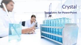  Presentation with report - Slide set consisting of pharmacy report - side view of scientists working background and a sky blue colored foreground