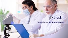  Presentation with electronic product innovation lab - Audience pleasing presentation design consisting of pharmacy report - two chemists working backdrop and a  colored foreground