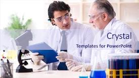  Presentation with mouse in a lab - Presentation consisting of pharmacy report - two chemists working background and a  colored foreground