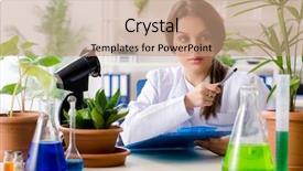  Presentation with biotechnology lab - Presentation design featuring pharmacy report - young beautiful biotechnology chemist working background and a coral colored foreground