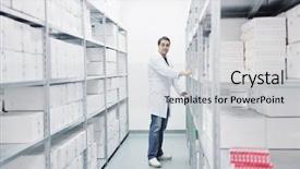  Presentation with medical supplies - Presentation enhanced with pharmacy supply - medical factory supplies storage indoor background and a light gray colored foreground