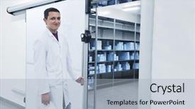  Presentation with medical supplies - Colorful PPT theme enhanced with pharmacy supply - medical factory supplies storage indoor backdrop and a light blue colored foreground