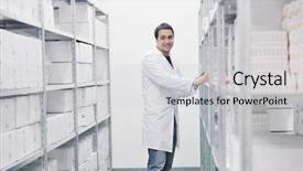  Presentation with medical supplies - PPT theme featuring pharmacy supply - medical factory supplies storage indoor background and a light gray colored foreground