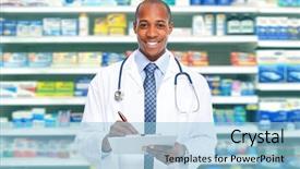  Presentation with health care law - Slide set enhanced with pharmacy vaccine - african-american doctor man health care background and a light blue colored foreground