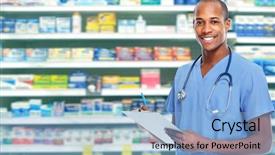  Presentation with health care static - Beautiful PPT theme featuring pharmacy vaccine - african-american doctor man health care backdrop and a light blue colored foreground
