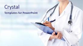  Presentation with medical vaccine - Slide deck enhanced with pharmacy vaccine - hands of medical doctor woman background and a sky blue colored foreground