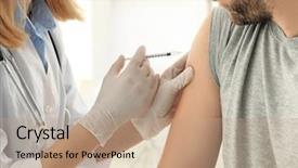  Presentation with female - Cool new slide set with pharmacy vaccine - vaccination concept female doctor vaccinating backdrop and a coral colored foreground