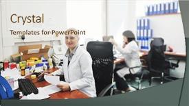  Presentation with talking on phone - PPT theme featuring pharmacy worker talking by phone background and a cream colored foreground