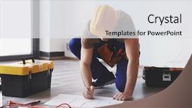  Presentation with grey line drawings of tall buildings - Cool new theme with phase diagram - young electrician checking drawings near backdrop and a white colored foreground