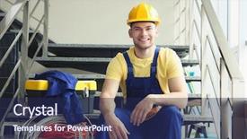  Presentation with electrician - Colorful PPT layouts enhanced with phased - young smiling electrician sitting backdrop and a  colored foreground