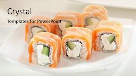  Presentation with cucumber cream - Presentation theme with philadelphia maki sushi made of cream cheese and cucumber inside salmon outside background and a lemonade colored foreground