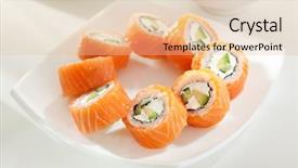  Presentation with cucumber cream - Slides featuring philadelphia maki sushi made of cream cheese cucumber and avocado inside salmon outside background and a lemonade colored foreground