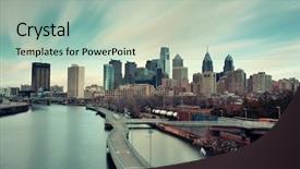  Presentation with philadelphia - Cool new PPT layouts with philadelphia skyline with urban architecture backdrop and a mint green colored foreground