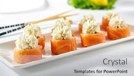  Presentation with chopstick - PPT theme with philadelphia-sushi-roll-made background and a light gray colored foreground