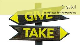  Presentation with give - Amazing slide deck having philanthropic - give - take signpost isolated backdrop and a yellow colored foreground