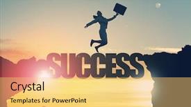  Presentation with gap - PPT theme featuring philosophy management - businesswoman jumping over gap background and a yellow colored foreground