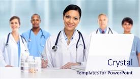  Presentation with asian doctor - Audience pleasing PPT theme consisting of phisician - asian doctor woman with pills backdrop and a sky blue colored foreground