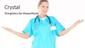  Presentation with scrubs - Colorful PPT theme enhanced with phisician - smiling woman doctor in green backdrop and a white colored foreground