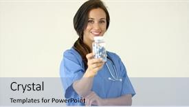  Presentation with scrubs - Colorful PPT layouts enhanced with phisician - young brown haired doctor backdrop and a teal colored foreground