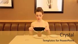  Presentation with diet low carb concept healthy - Colorful slides enhanced with phisic - diet concept woman eating backdrop and a gold colored foreground