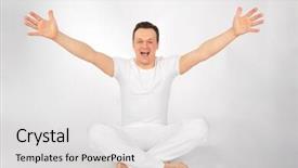  Presentation with globe hands cross - Amazing PPT theme having phisic - man in sports suit cross-legged backdrop and a light gray colored foreground