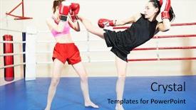 Presentation with thai boxing - Audience pleasing presentation design consisting of phisic - muai thai women fighting backdrop and a teal colored foreground